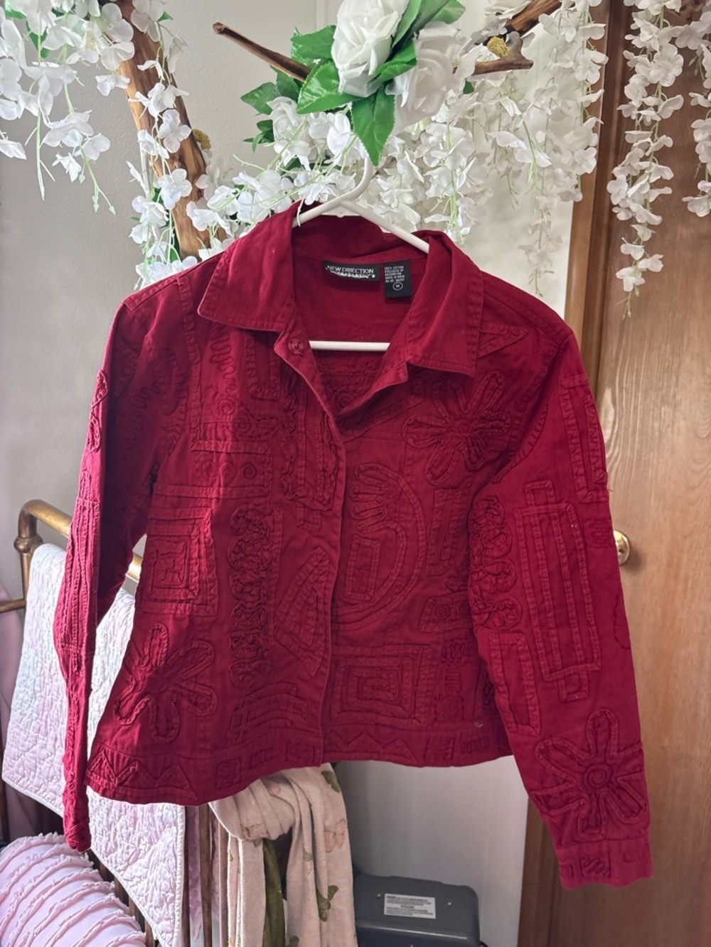 new directions Vintage Deep Red Embroidered Jean Jacket 100% Cotton